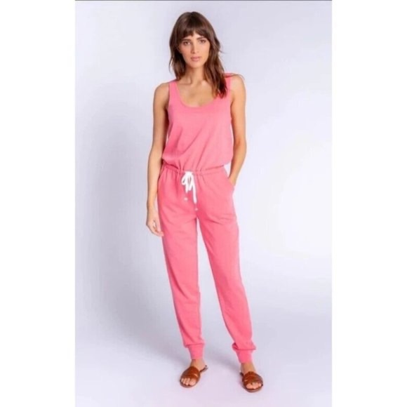 PJ Salvage Pants - PJ Salvage Women's Large Pink‎ Coral Lounge Pajama Jogger Romper Jumpsuit